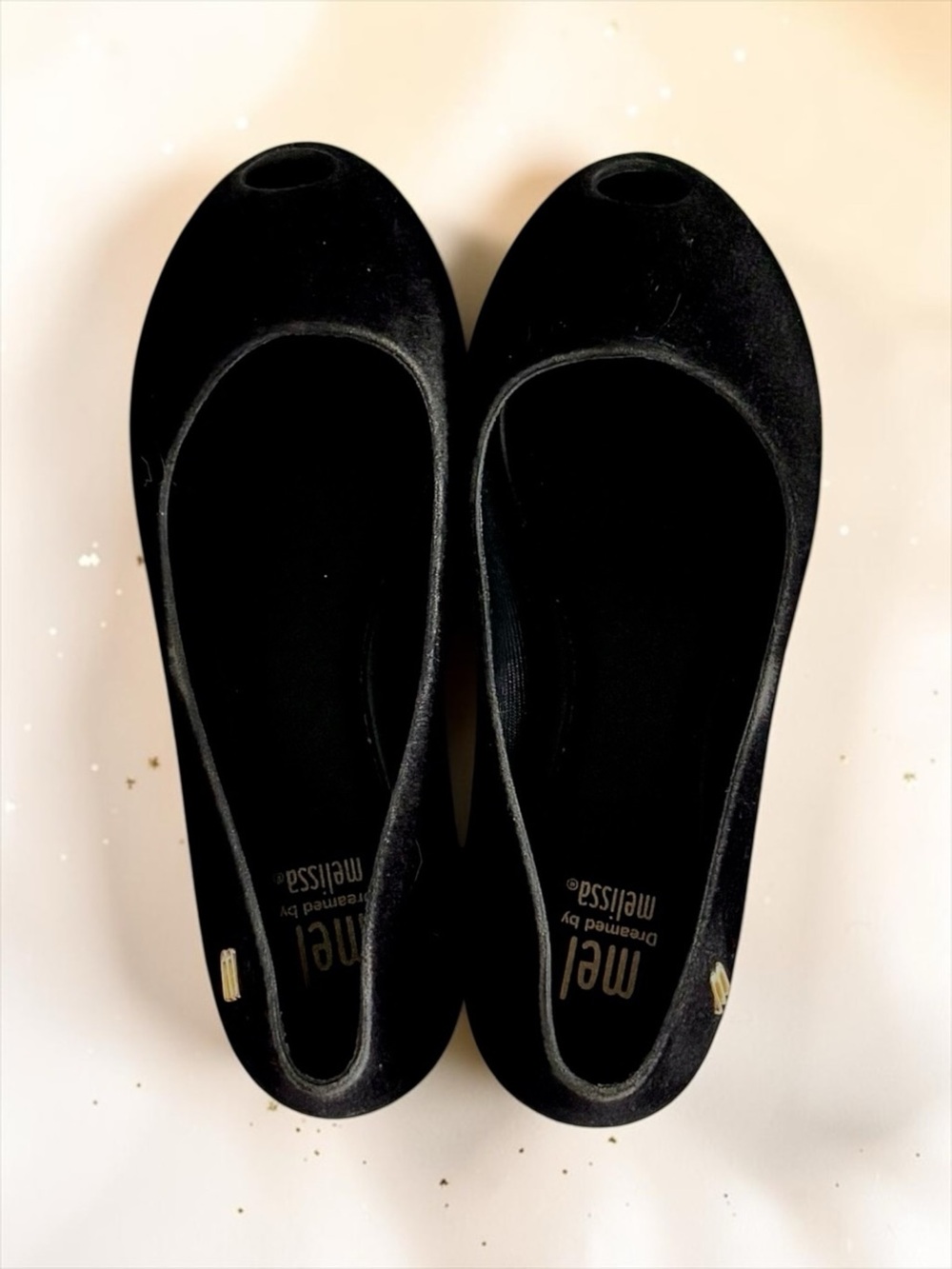 Mini Melissa Girls Black Velvety Matte Peep‑Toe Flats • US 13